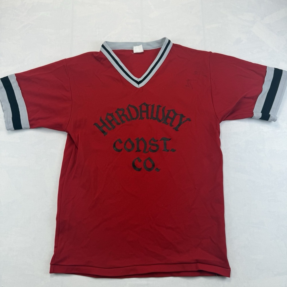 Vintage 70s Hardaway Const Co #18 Football Jersey Red Striped V Neck Medium